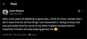 Post about having no time for game dev