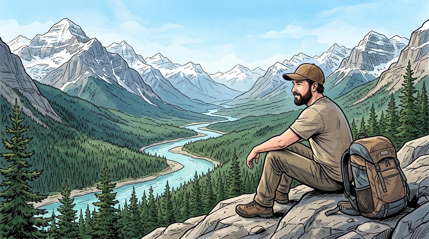 A curious maker overlooking a desert canyon and distant celestial planet