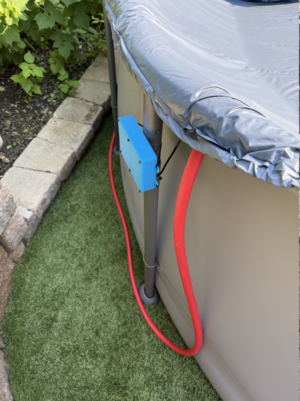Completed enclosure, mounted to pool leg