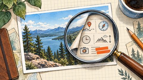 An illustrated magnifying glass revealing location, direction, time, and camera symbols hidden beneath a landscape photo
