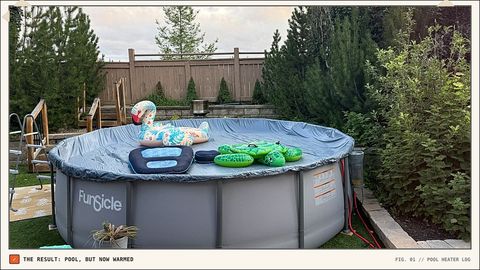 Backyard above-ground pool with its cover on and pool toys resting on top
