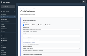 Kube Manager application configuration page with repository, build, and deployment settings