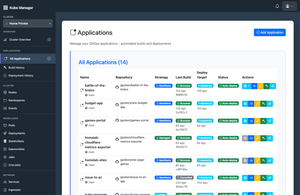 Kube Manager applications list showing multiple deployed apps and recent build status