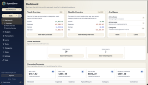 Spendseer dashboard showing account balances, spending, and financial overview