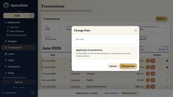 Bulk transaction editing with an explicit change-date modal and selected-row count