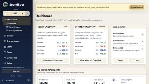 SpendSeer dashboard overview with yearly, monthly, and upcoming payment sections