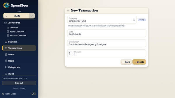 Transaction form context explaining that a savings-category transaction will count toward a goal