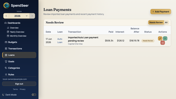 Imported loan payment detection with paid amount, interest estimate, balance after, and confirm/reject actions