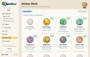 SpendSeer sticker book with earned stickers and grey placeholders for the ones still to collect