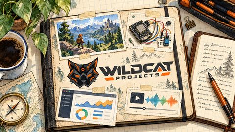 The Wildcat Projects logo on a sketchbook surrounded by illustrated game, software, electronics, and audio project notes